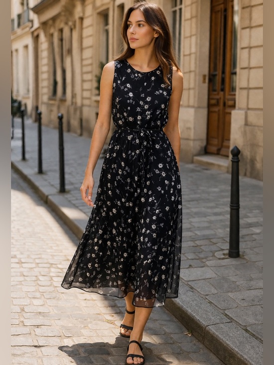 Frank & Oak Dresses & Skirts - Frank & Oak Black Floral Midi Dress Tie Waist L Sheer Overlay Dark Romantic